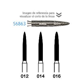 Fresas Diamante S6863 FG dorada grano grueso Serie 2000 170 micras  Komet - Caja de 5 unidades. Para turbina