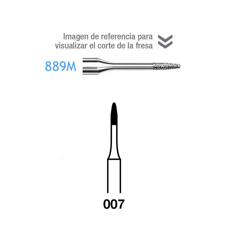 Fresas Diamante 889M-313-007 FG grano medio 107 micras tallo corto Komet - Caja de 5 unidades. Para turbina. Micropreparación. Tallo corto.