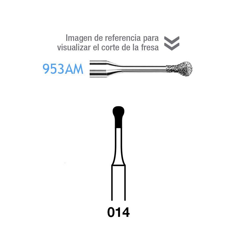 Fresas Diamante 953AM-313-014 FG grano medio 107 micras tallo corto Komet - Caja de 5 unidades. Para turbina. Micropreparación. Tallo corto.