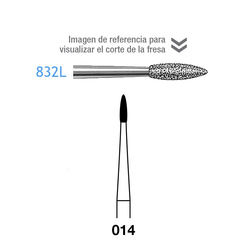 Fresas para periodoncia. Figura 832L - larga CA aro rojo grano fino 46 micras Komet - Caja de 5 unidades. Para contra-angulo.