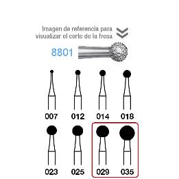 Fresas Diamante 8801-314 FG tamaños de 029 a 035 FG aro rojo grano fino 46 micras Komet - Caja de 5 unidades. Para turbina. Grano fino 