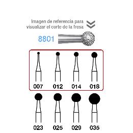 Fresas Diamante 8801-314 tamaños de 012 a 018 FG aro rojo grano fino 46 micras Komet - Caja de 5 unidades. Para turbina. Grano fino 