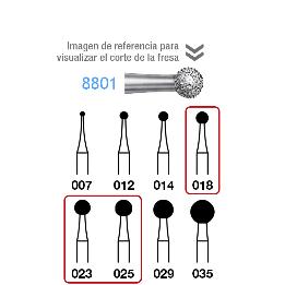 Fresas Diamante 8801-314 tamaños de 018 a 025 FG aro rojo grano fino 46 micras Komet - Caja de 5 unidades. Para turbina. Grano fino 