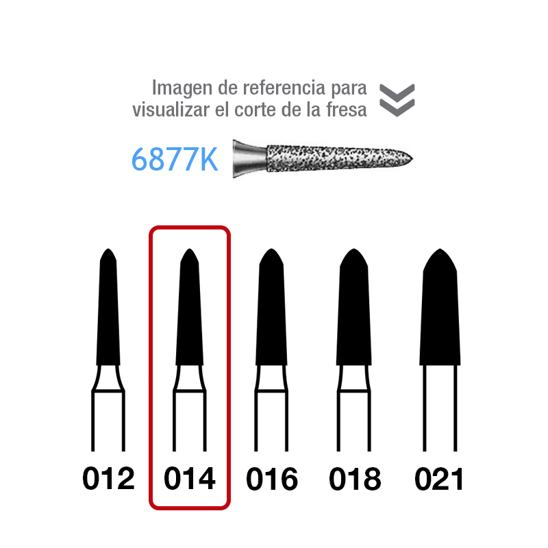 Fresas diamante 6877K-314-014 FG aro rojo grano fino 46 micras Komet - Caja de 5 unidades. Para turbina.