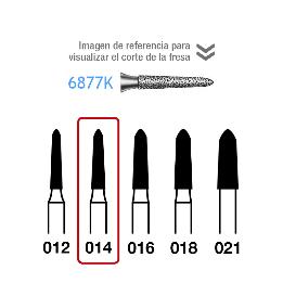 Fresas diamante 6877K-314-014 FG aro rojo grano fino 46 micras Komet - Caja de 5 unidades. Para turbina.