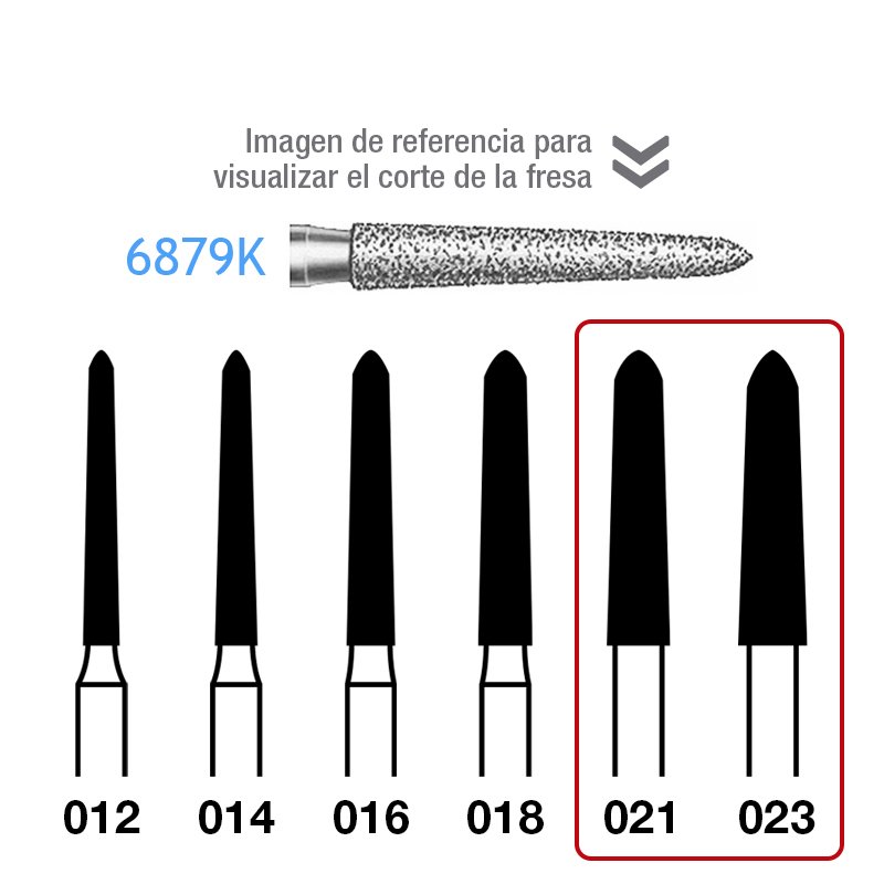 Fresas Diamante 6879K grosor 021 y 023 FG aro rojo grano fino 46 micras Komet - Caja de 5 unidades. Para turbina.