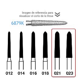 Fresas Diamante 6879K grosor 021 y 023 FG aro rojo grano fino 46 micras Komet - Caja de 5 unidades. Para turbina.