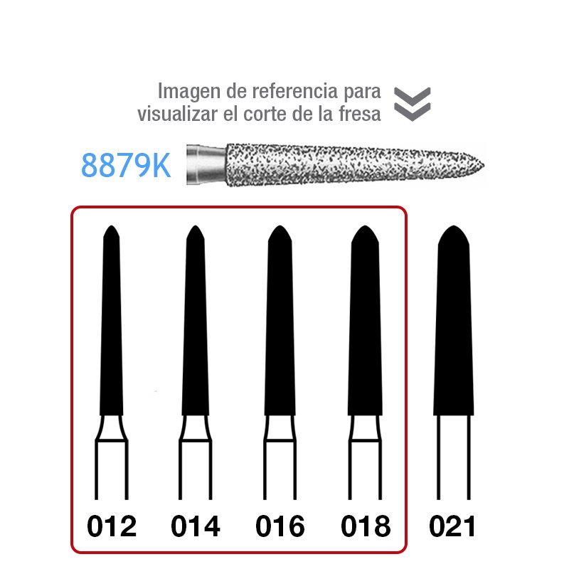 Fresas diamante 8879K FG aro rojo grano fino 46 micras Komet - Caja de 5 unidades. Para turbina