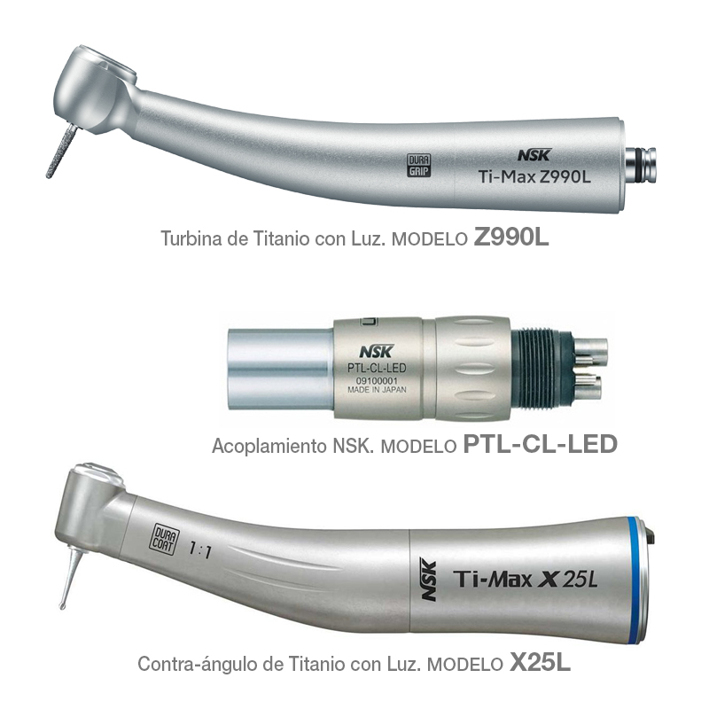 Kit Premium con luz NSK - Compuesto por: Turbina Z900L + acople PTL-CL-LED + Contra-ángulo X25L  NSK - 