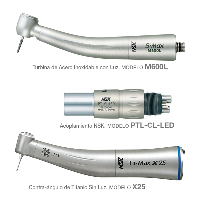 Kit Superior PLus con luz NSK - Compuesto por: Turbina M900L + acople PTL-CL-LED + Contra-ángulo X25 sin luz 
