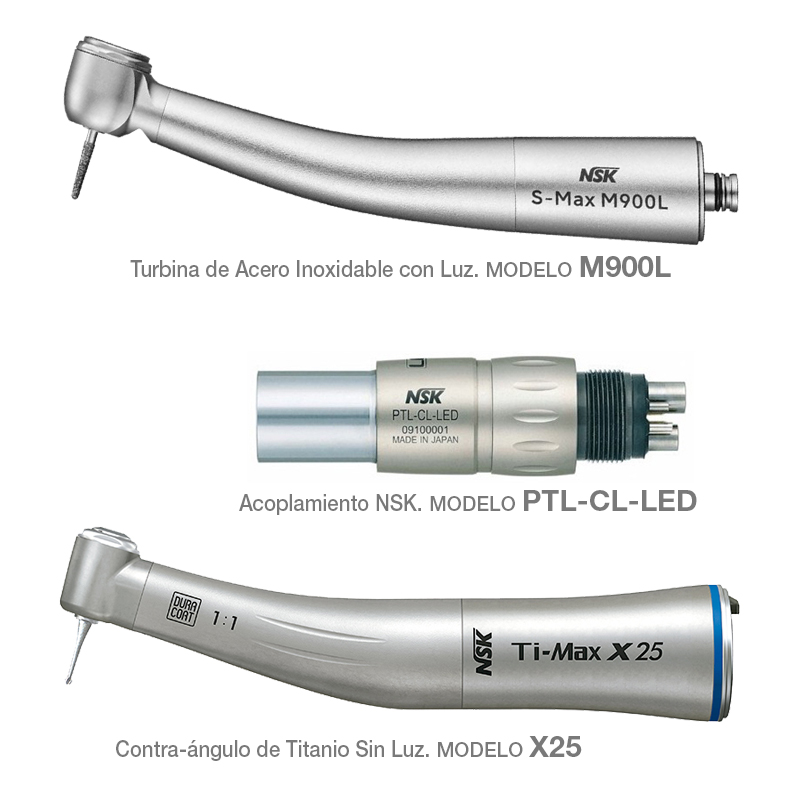 Kit Superior PLus con luz NSK - Compuesto por: Turbina M900L + acople PTL-CL-LED + Contra-ángulo X25 sin luz 