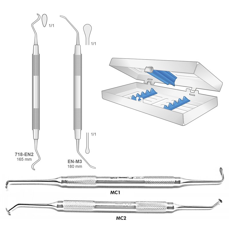 Caja básica de curetas de seno  Bontempi - Contiene: Separadores Sinusales (MC-1, MC-2, B718EN2, ENM3) + caja de 5 instrumentos BS-59