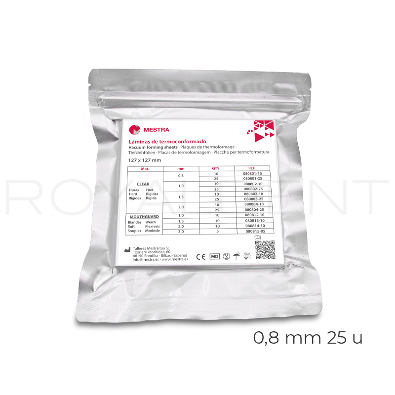 Planchas CLEAR duras transparentes 0,8 mm 080801-25 Mestra - Caja de 25 unidades, para alineadores de ortodoncia y aparatos de ortodoncia