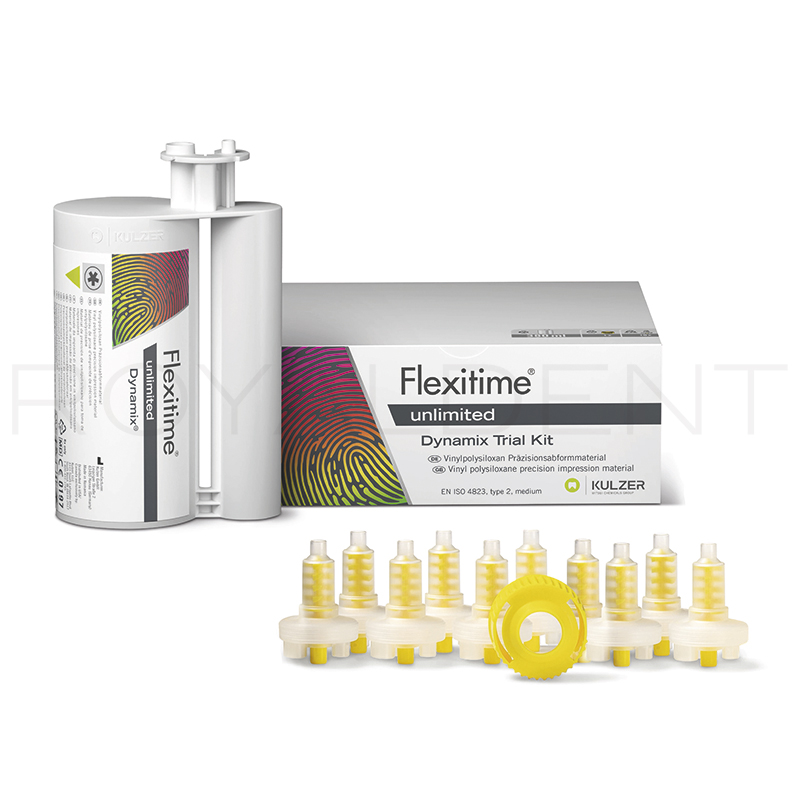 Flexitime unlimited Dynamix Trial Kit 66099319 Heraeus-Kulzer - Contenido: 1 x 380 ml, 10 x punta mezcladora 5:1 Dynamix, 1 x anillo Bajonett, guía paso a paso.