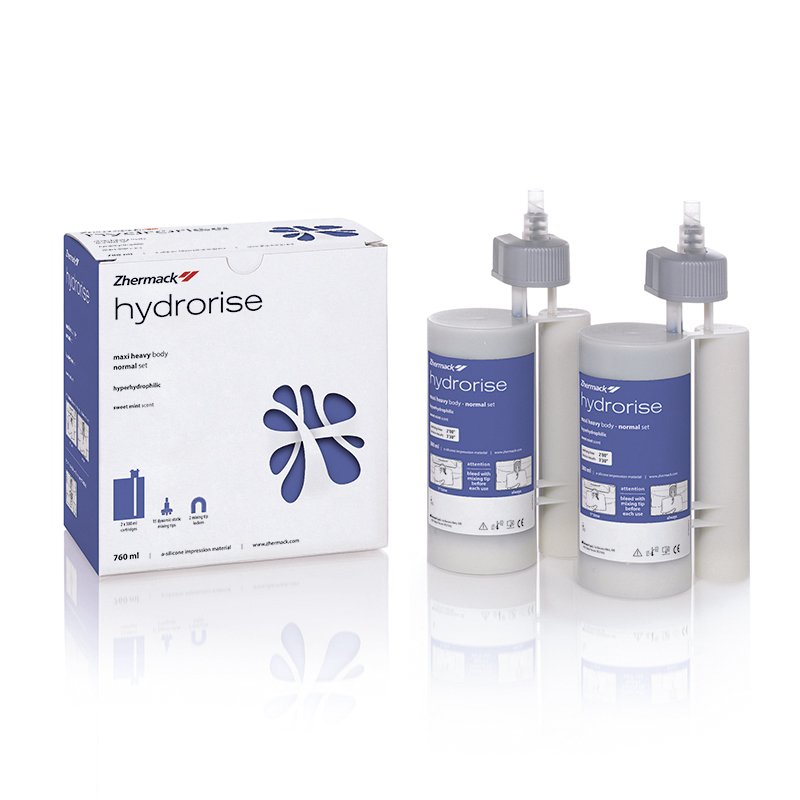 Hydrorise Maxi Heavy  Zhermack - 2 x 380ml cartuchos (Base + Catalyst) + 15 punta mezcladora dinámico-estática + 2 traba-puntas2 x 38