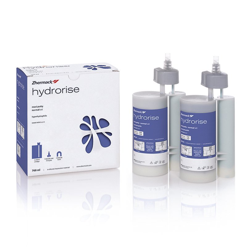 Hydrorise Maxi Putty Zhermack - 2 x 380ml cartuchos (Base + Catalyst) + 15 punta mezcladora dinámico-estática + 2 traba-puntas2 x 38