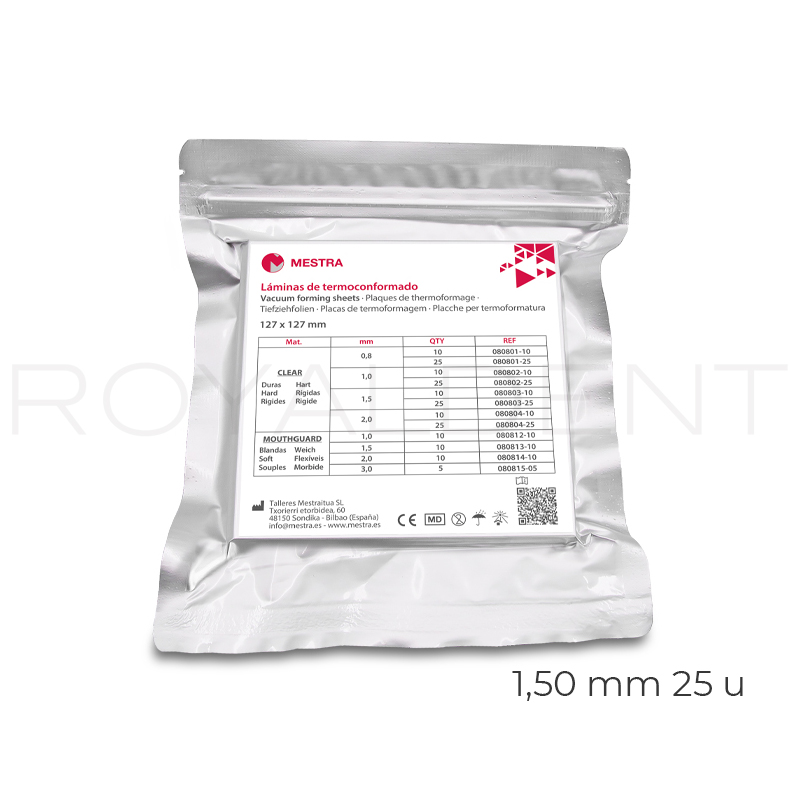 Planchas CLEAR duras transparentes 1,5 mm 080803-25 Mestra - Caja de 25 unidades, para alineadores de ortodoncia y aparatos de ortodoncia