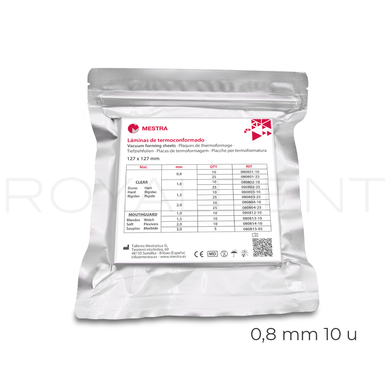 Plnchas CLEAR duras transparentes 0,8 mm 080801-10 Mestra - Caja de 10 unidades, para  alineadores de ortodoncia y aparatos de ortodoncia