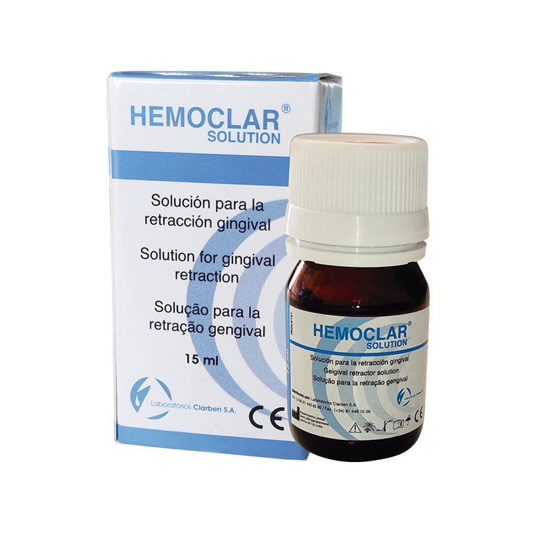 Hemostático Hemoclar solución Cloruro de Aluminio retracción gingival Laboratorios Clarben - Bote de 15 ml con cuantagotas de dosificación