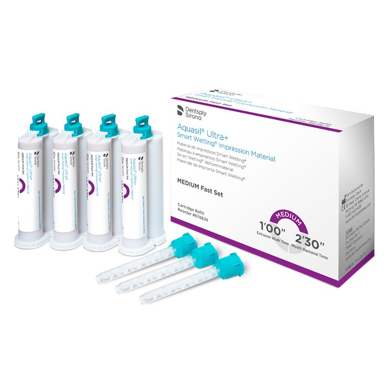 Aquasil Ultra+ Medium - 678673 siliconas fluidas Dentsply Sirona - 4 cartuchos de 50 ml. + 12 puntas de mezcla.