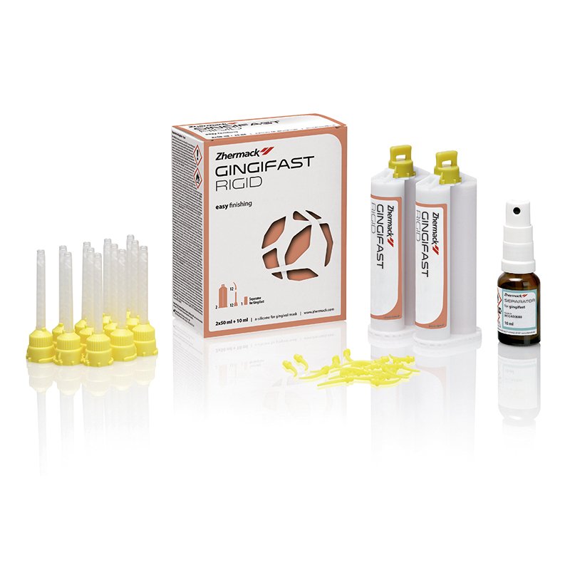 Gingifast Rigid Zhermack - 2 Cartuchos de 50 ml. + 1 frasco 10 ml. de separador + 12 puntas mezcladoras amarillas + 12 puntas i