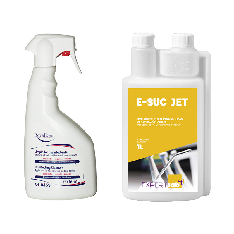 Gratis Pack, 750 ml desinfectante de superficies  y 1 litro, E-SUC JET desinfectante aspiración 1 l Royal Dent - 