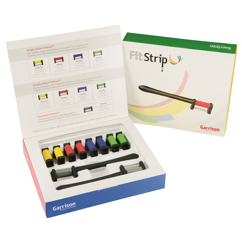 Limas FitStrip™ IPR  Kit FPSK05 dos lados Garrison - 10 tiras (2 de cada superfinas, finas, medianas, gruesas y serradas)+2 mangos y medidor de espesor.