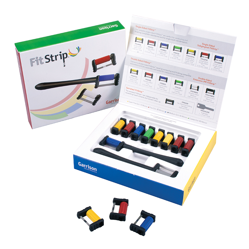 NUEVO Kit Fitstrip™ de acabado subgingival y tiras un lado FPSK08 Garrison - Contiene: 2 mangos, 10 tiras: 2 subgingivales superfinas, 2 subgingivales finas, 1 subgingival medi