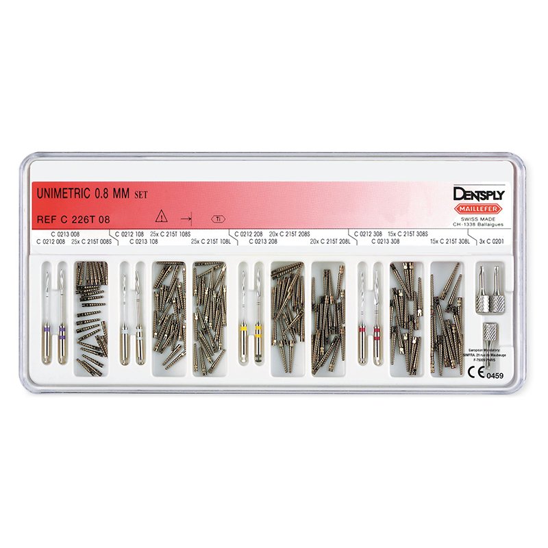 Unimetric Kit diámetro 0,8 mm Dentsply Sirona - 120 unidades + 7 fresas y accesorios.