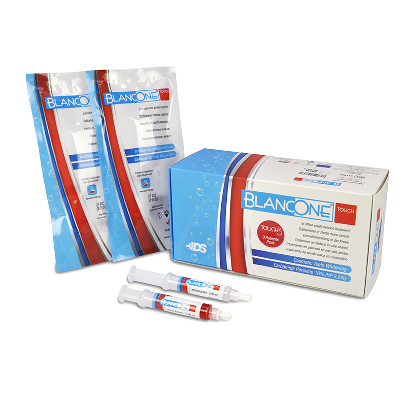 BLANCONE TOUCH - 5067 en clínica, peróxido de carbamida - 16% Inibsa - contiene 3 tratamientos con - 1 jeringa 3ml gel blanqueador + 1 jeringa 1ml gel activador.