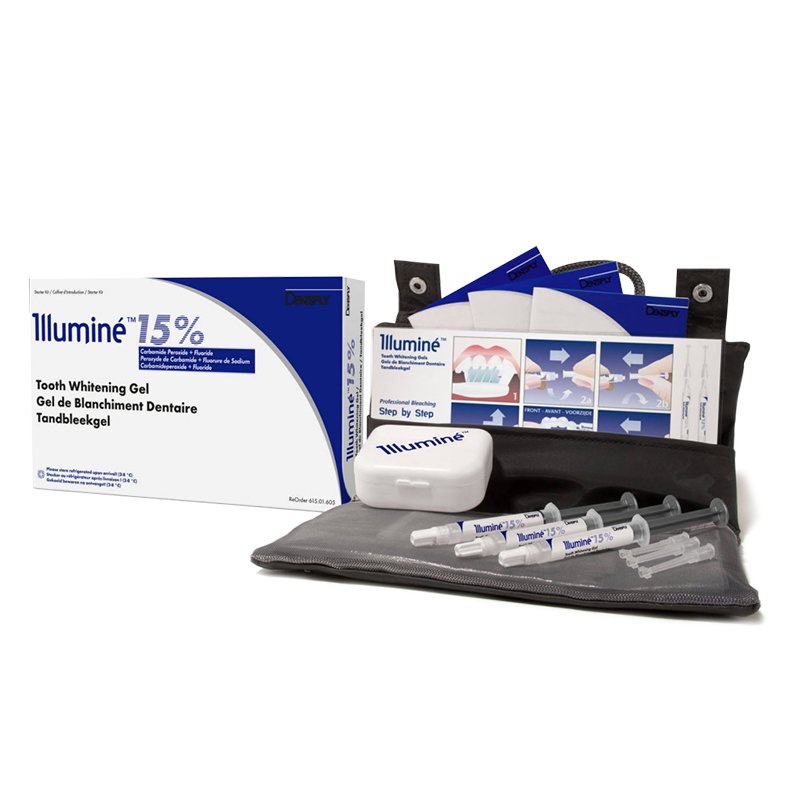Illumine Home kit intro Dentsply Sirona - Peróxido de carbamida  al 15 %: 3 jeringas de 3ml. + porta-férulas + neceser.