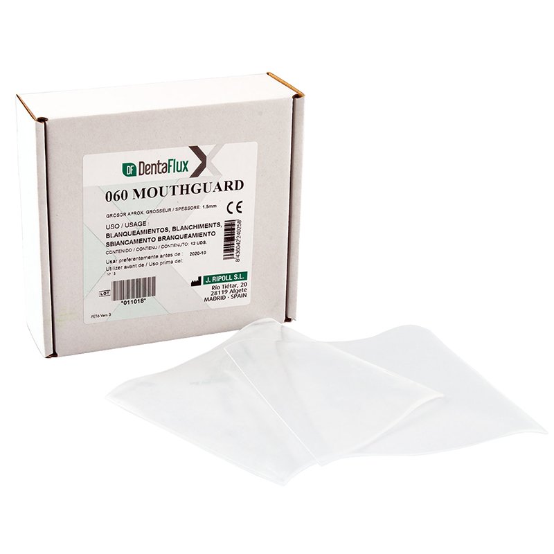 Plancha blanqueamiento Mouthguard 060 1,5 mm (blandas) Dentaflux - Caja de 12 unidades. Blanqueamientos, fluorizaciones. Cuadradas.