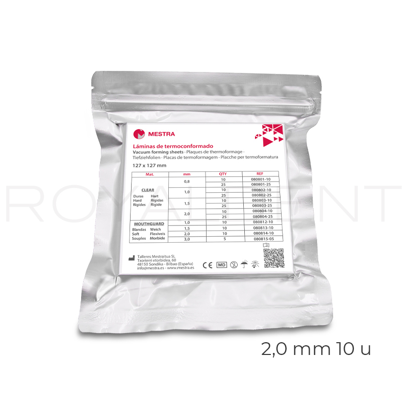 Planchas MOUTHGUARD blandas 2,00 mm 080814-10 Mestra - Caja de 10 unidades, cubetas de blanqueamientos y cubetas para fluorización.