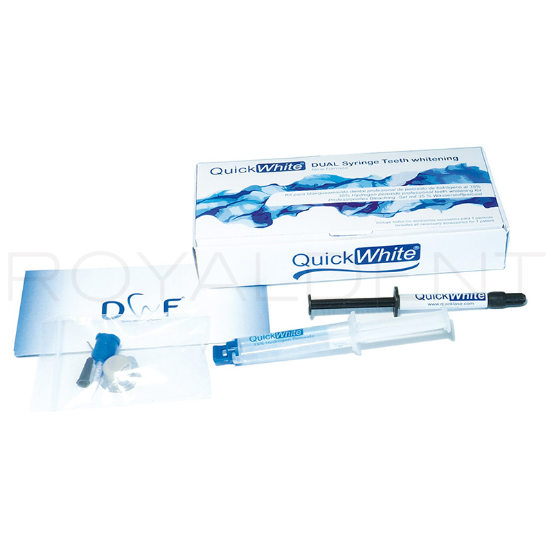 Blanqueamiento Peróxido de hidrógeno 35%PH Quickwhite dual jeringa  Quick White - 1 Doble jeringa de PH 35%, 1 Jeringa de resina protectora, puntas de jeringa,pincel aplicador,pasta de pulido inicial Vitamina E + Instrucciones.