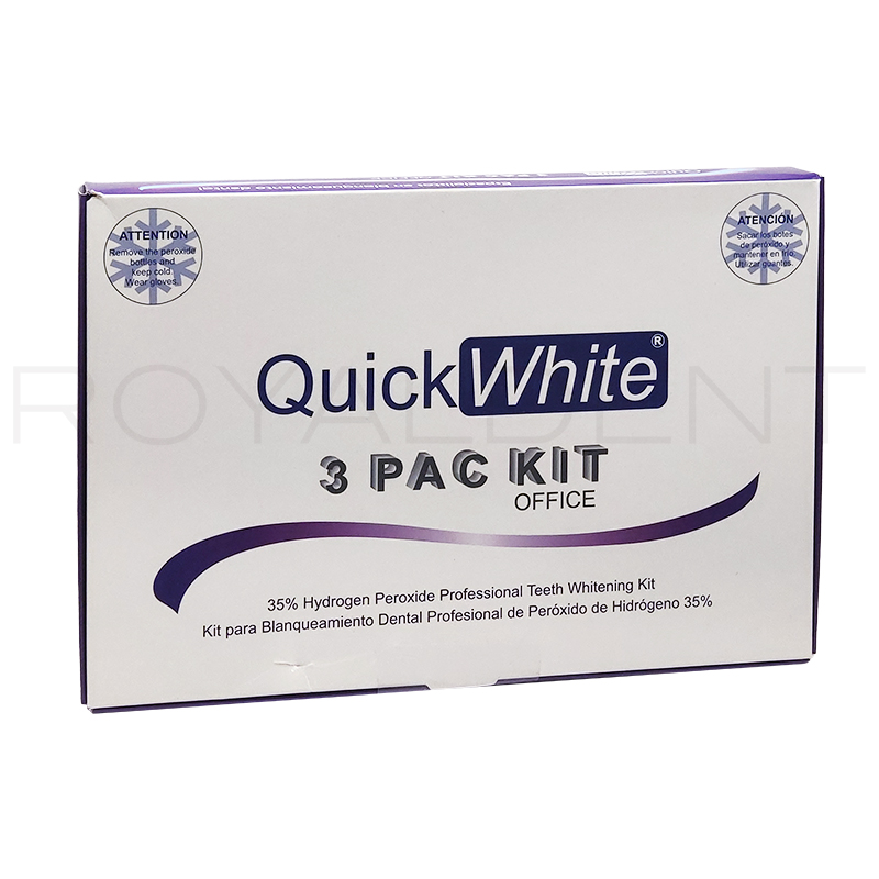 QUICK WHITE KIT 3 OFFICE PACIENTES 35% Peróxido hidrógeno Quick White - Contiene:  3 frascos de polvo con fórmula QW ( 1 por paciente ) + 3 jeringas de resina protectora + 3 pinceles aplicadores + 3 pastas de pulir + 3 vitamina E + intrucciones + peróxido de hidrógeno 35%