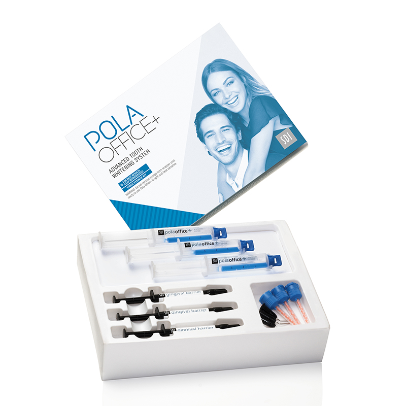 Blanqueamientos Pola Office+ Kit 3 pacientes sin abrebocas, peróxido de hidrógeno al 37,5% SDI AUSTRALIA - 3 jeringas de 2,8 ml de Pola Office Plus + 3 jeringas de 1 g de barrera gingival + Accesorios