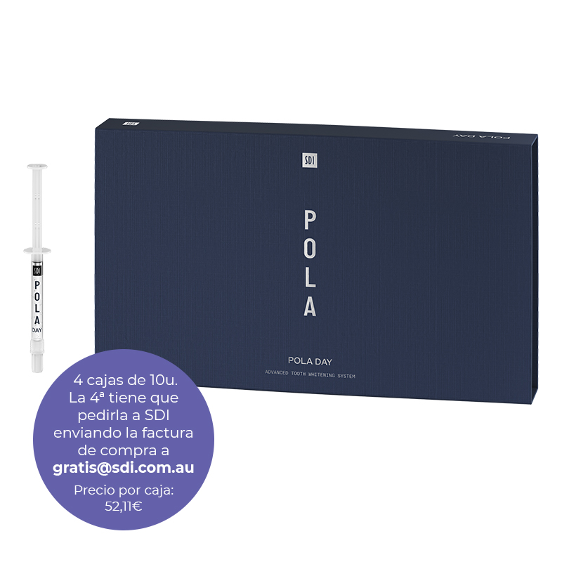 Oferta especial: 4 Pola Day 6% 10 jer ( 1 enviado desde SDI ) SDI AUSTRALIA - 4 cajas de 10 Jeringas de 1,3 grs. Pola Day 6% Peróxido de hidrógeno. Una de ella pedir a gratis@sdi.com.au