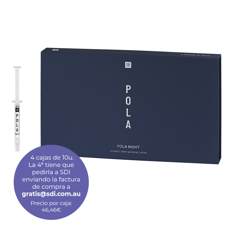 Oferta especial: 4 Pola Night 10 jer ( 1 enviado desde SDI ) SDI AUSTRALIA - 4 cajas de 10 Jeringas de 1,3 grs. Peróxido de carbamida. Una de ella pedir a gratis@sdi.com.au