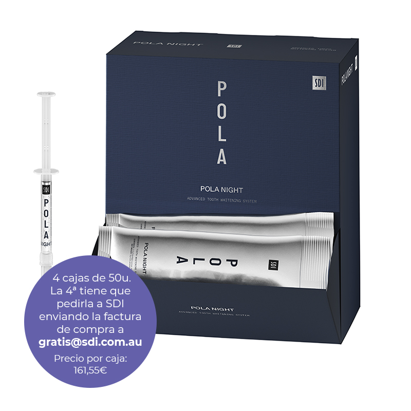 Oferta especial: 4 Pola Night 50 jer ( 1 enviado desde SDI ) SDI AUSTRALIA - 4 cajas de 50 Jeringas de 1,3 grs. Peróxido de carbamida. Una de ella pedir a gratis@sdi.com.au