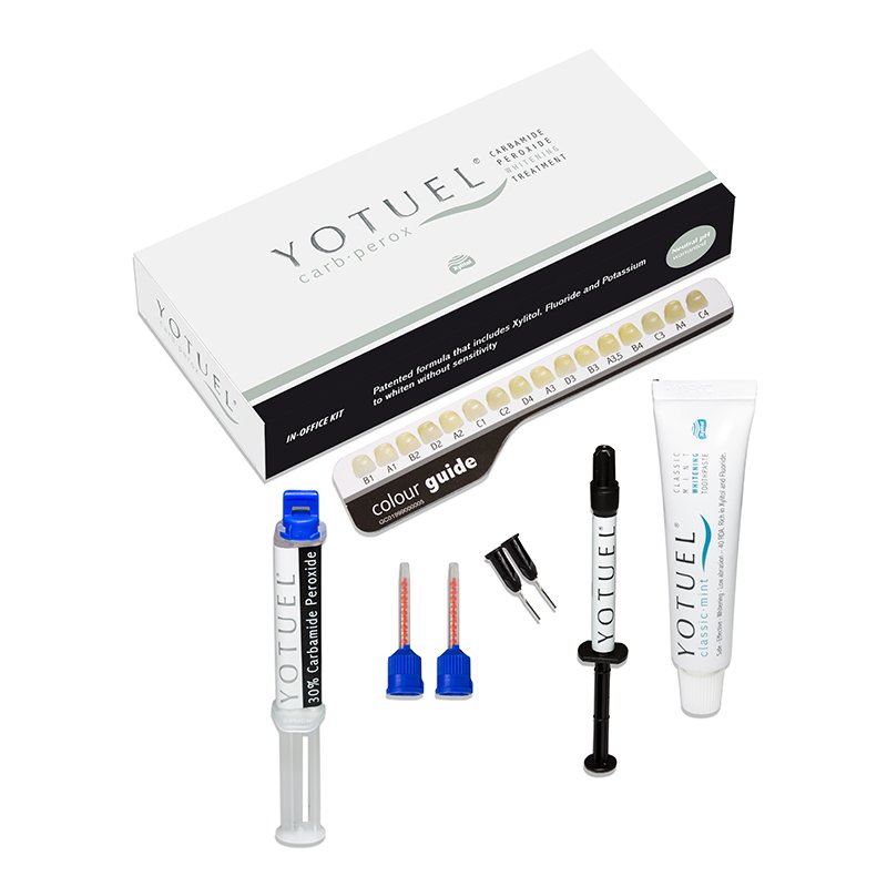 Yotuel 30% Peróxido de Carbamida mini kit YOTUEL -  4 jeringas de 2,5 ml, 2 planchas de resina, caja portaférulas y Youtel dentífrico.