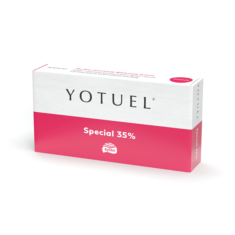 Yotuel Extra White 35% Peróxido de hidrógeno Pack Eco tres pacientes YOTUEL - Contenido: 3 jeringas duales de 2,5 ml ,6 2 puntas mezcladoras, 3 ml Protector gingival + 6 puntas aplicadoras.