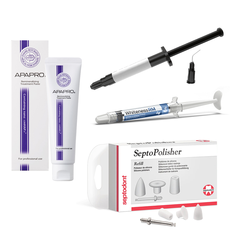 Kit Protocolo microabrasión y biominerilazción Royal Dent - Incliuye: Apapro 55 grs, WhitenessRM , SeptoPolisher y protector gngival