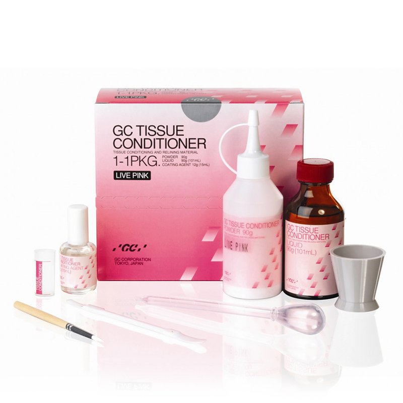Tissue Conditioner color Rosa GC - Tissue Conditioner kit rosa 1:1 + 9gr de Polvo + 101ml. De líquido + 15ml. Coating y accesorios