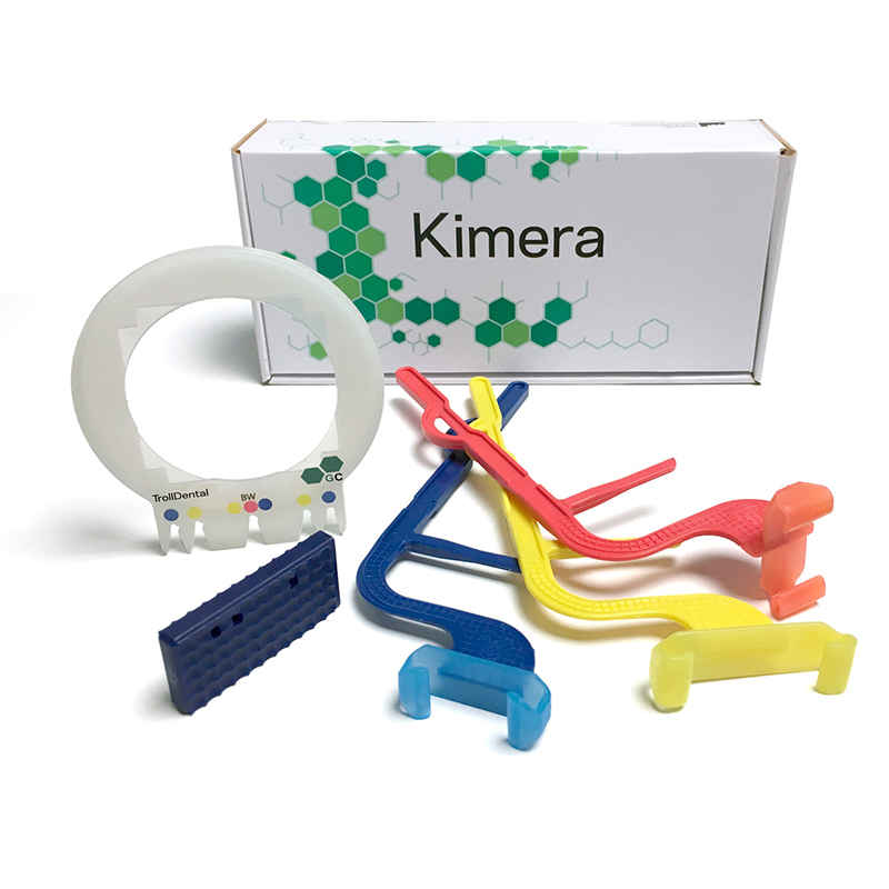 Posicionador universal para sensores digitales y placas de fosfóro Troll Byte Kimera TrollByte Kimera - 3 brazos : Azul, amarillo y rojo + 1 anillo posicionador + 1 bloque de mordida.