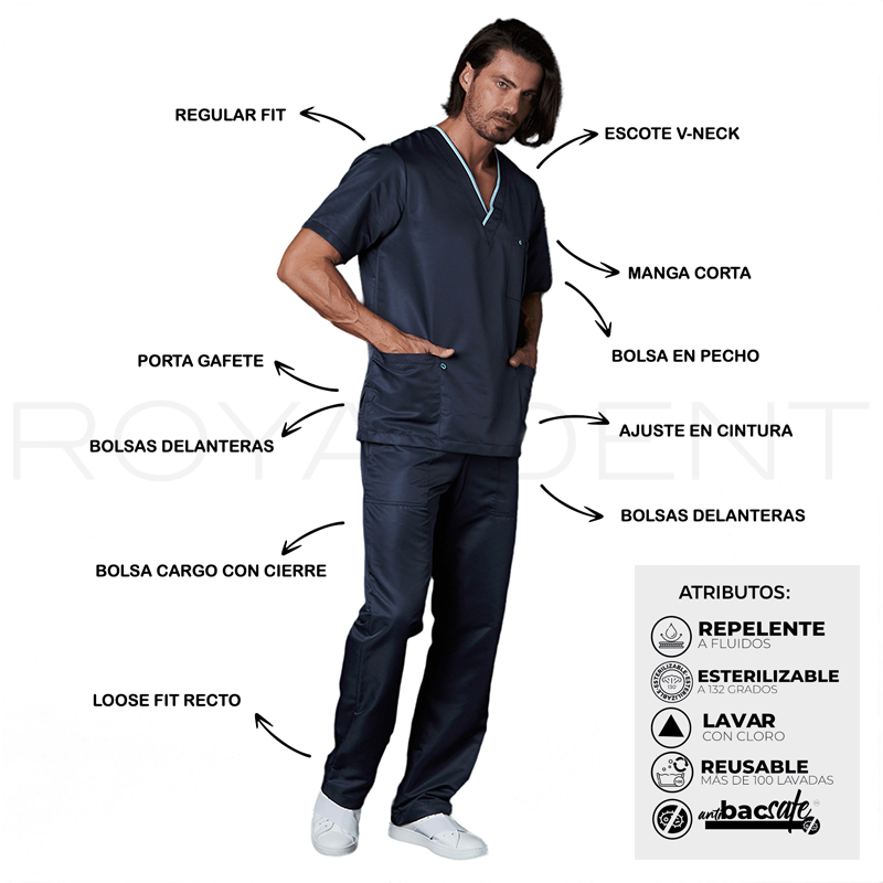 Pijama Sanitario Dr House Caballero Win Antibacterial Multiverse color Azul Marino Royal Dent - Casaca más Pantalón