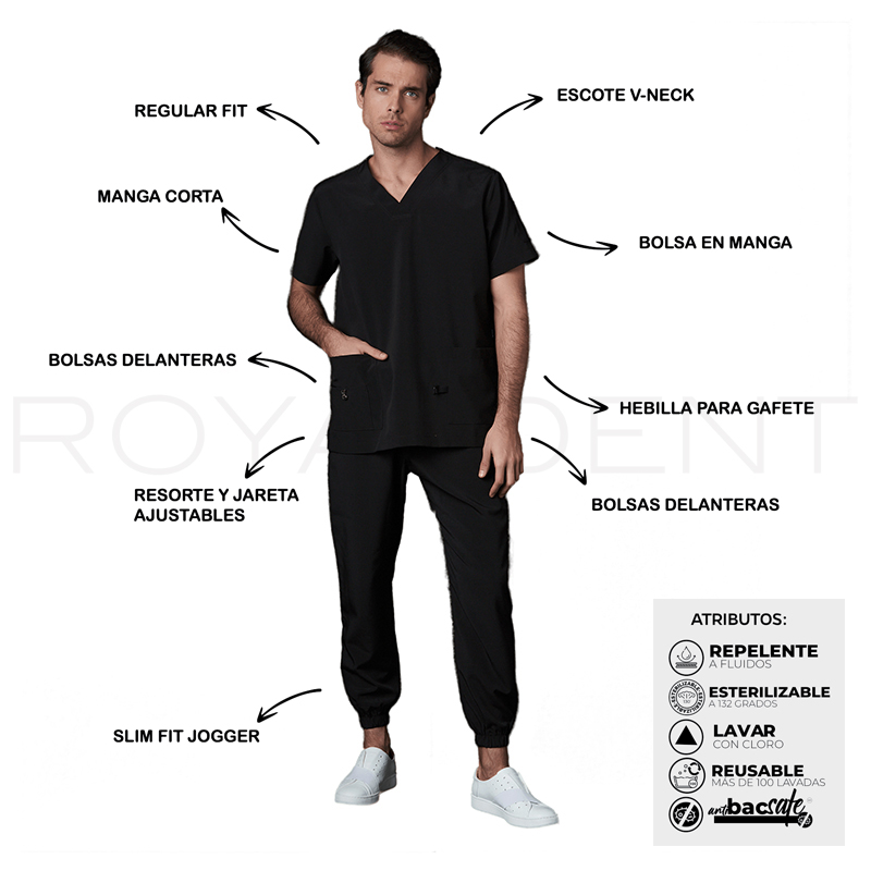 Pijama Sanitario Performance Caballero Square Antibacterial Multiverse color Negro Royal Dent - 