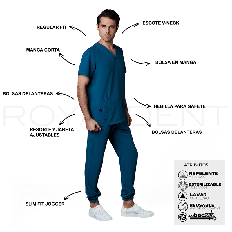 Pijama Sanitario Performance Caballero Square Antibacterial Multiverse color Teal Royal Dent - 