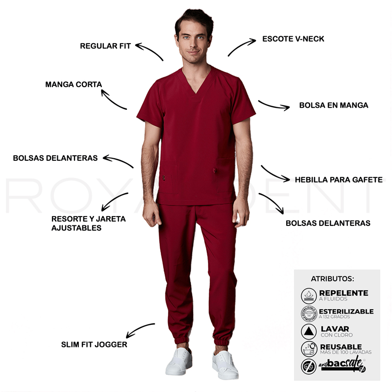 Pijama Sanitario Performance Caballero Square Antibacterial Multiverse color Vino Royal Dent - 