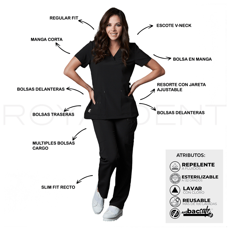 Pijama sanitario Catherine Dama Square Antibacterial Multiverse color Negro Royal Dent - Casaca más Pantalón