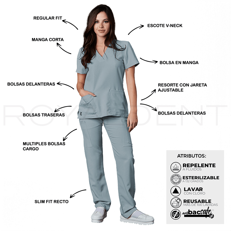 Pijama sanitario Catherine Dama Square Antibacterial Multiverse color Plata Royal Dent - Casaca más Pantalón
